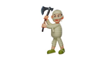 3D illustration. Brave Mummy 3D Cartoon Character. The handsome mummy was swinging the ax he was holding. Mummy looks very angry and wants to kill his enemy. 3D cartoon character png