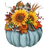 watercolor fall composition with pumpkin, sunflowers, dry herbs png