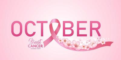 Pink ribbon of breast cancer awareness vector illustration.