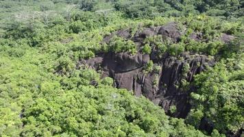 Drone shot moving towards cliff and lush vegetation on Mahe island, Seychelles video
