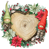 watercolor hand drawn wooden heart slice with elves, pinecones and pine branches png