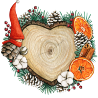 watercolor hand drawn wooden heart slice with elves, pinecones and pine branches png