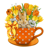 Watercolor hand drawn cute bunny in a tea cup png