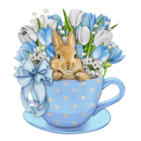 Watercolor hand drawn cute bunny in a tea cup png