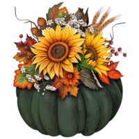 watercolor fall composition with pumpkin, sunflowers, dry herbs png