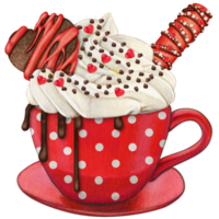 Watercolor hand drawn dotted chocolate cup with cream and cookies png