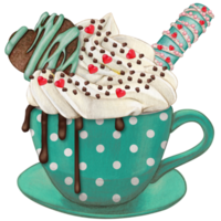 Watercolor hand drawn dotted chocolate cup with cream and cookies png