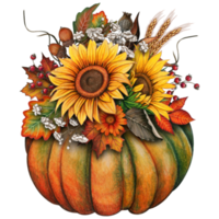 watercolor fall composition with pumpkin, sunflowers, dry herbs png