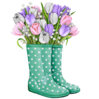 Aquarell Gummi Stiefel mit Blumen- Strauß png