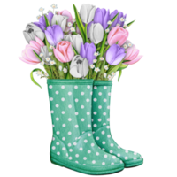 watercolor rubber boots with floral bouquet png