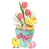 vattenfärg söt påsk vas med tulpaner kycklingar och färgrik ägg png