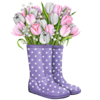 watercolor rubber boots with floral bouquet png