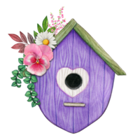 Aquarell süß lila Vogelhaus mit Stiefmütterchen und wild Blumen png