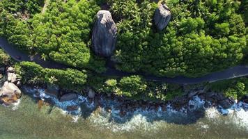 bird eye view of lush vegetation, huge granite rock and passing vehicles on road near the cliff at Anse forbans beach Mahe Seychelles video