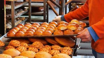 Close up of stack of baked bread on table video