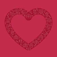 corazón píxel Perfecto conformado concepto lleno con editable lineal iconos donación y caridad. trabajar como voluntario y ayuda. sencillo Delgado línea símbolos composición en rojo antecedentes. vector contorno dibujo