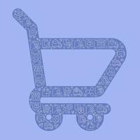 Shopping cart pixel perfect shaped concept filled with editable linear icons. Online shopping and consumerism. Simple thin line symbols composition on blue background. Vector outline drawing