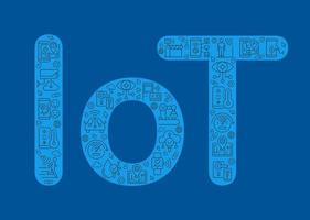 IoT pixel perfect shaped concept filled with editable linear icons. Internet of things. Connected network. Simple thin line symbols composition on blue background. Vector outline drawing