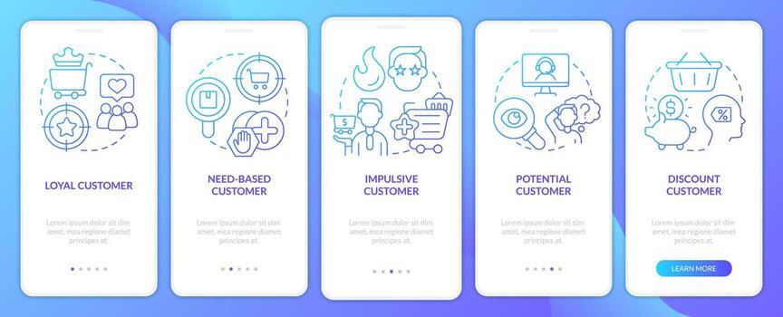 Types of customers blue gradient onboarding mobile app screen. Business clients walkthrough 5 steps graphic instructions with linear concepts. UI, UX, GUI template vector