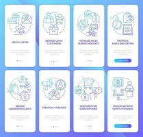 Discount strategy blue gradient onboarding mobile app screen set. Sales walkthrough 4 steps graphic instructions with linear concepts. UI, UX, GUI template vector