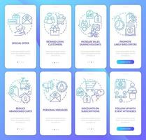 Discount strategy blue gradient onboarding mobile app screen set. Sales walkthrough 4 steps graphic instructions with linear concepts. UI, UX, GUI template vector