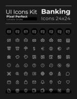 Banking and finance white glyph ui icons set for dark mode. Silhouette symbols on black background. Solid pictograms for web, mobile. Vector isolated illustrations