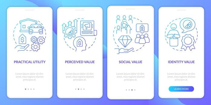 Product values blue gradient onboarding mobile app screen. Business walkthrough 4 steps graphic instructions with linear concepts. UI, UX, GUI template vector