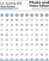 Photo and video editor tools pixel perfect linear ui icons set. Multimedia adjustment. Digital program. Outline isolated user interface elements. Editable stroke vector