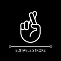 Crossed fingers pixel perfect white linear icon for dark theme. Wishing and hope. Hand gesture. Superstitions. Thin line illustration. Isolated symbol for night mode. Editable stroke vector