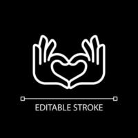 Hands heart gesture pixel perfect white linear icon for dark theme. Showing affection and love. Romance. Thin line illustration. Isolated symbol for night mode. Editable stroke vector