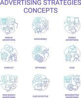 Advertising strategies blue gradient concept icons set. Marketing campaign idea thin line color illustrations. Mobile and display ads. Isolated symbols vector