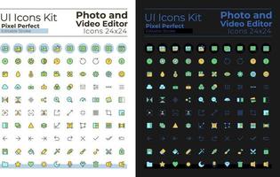 Photo and video editor pixel perfect RGB color ui icons set for dark, light mode. GUI, UX design for mobile app. Vector isolated pictograms. Editable stroke