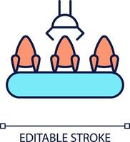 Assembly line with spacecrafts RGB color icon. Mass production. Rocket manufacturing. Develop technologies. Isolated vector illustration. Simple filled line drawing. Editable stroke