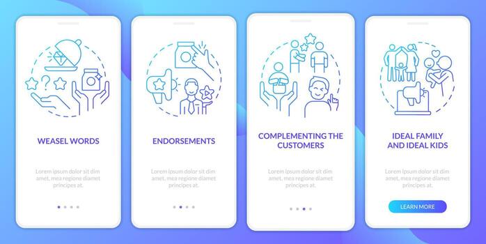 Marketing campaign techniques blue gradient onboarding mobile app screen. Walkthrough 4 steps graphic instructions with linear concepts. UI, UX, GUI template vector