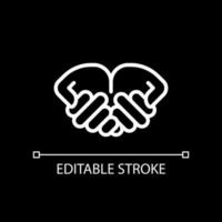Begging hands pixel perfect white linear icon for dark theme. Asking for help. Body language. Communication. Thin line illustration. Isolated symbol for night mode. Editable stroke vector