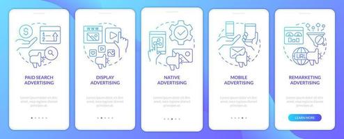 Types of online advertising blue gradient onboarding mobile app screen. Walkthrough 5 steps graphic instructions with linear concepts. UI, UX, GUI template vector