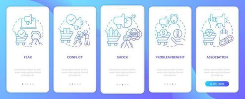 Emotional triggers blue gradient onboarding mobile app screen. Marketing walkthrough 5 steps graphic instructions with linear concepts. UI, UX, GUI template vector