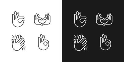 Body language signals pixel perfect white linear icon for dark themes set for dark, light mode. Hands gestures. Thin line symbols for night, day theme. Isolated illustrations. Editable stroke vector