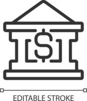 Bank building pixel perfect linear icon. Financing business. Borrow money. Personal loans. Cash needs. Thin line illustration. Contour symbol. Vector outline drawing. Editable stroke
