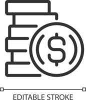 Coins pixel perfect linear icon. Cash form. Piece of metal. Foreign exchange. Disc shaped money. Thin line illustration. Contour symbol. Vector outline drawing. Editable stroke