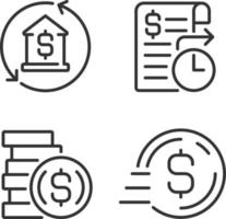 Business banking services pixel perfect linear icons set. Mortgage payment. Standing order. Send money. Customizable thin line symbols. Isolated vector outline illustrations. Editable stroke