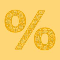 Percent sign shaped concept filled with editable linear icons. Discount rate. Financial accounting. Bank deposits. Simple thin line symbols composition on orange background. Vector outline drawing