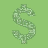 Dollar shaped concept filled with editable linear icons. Personal and business finance. Money withdrawal. Bank account. Simple thin line symbols composition on green background. Vector outline drawing