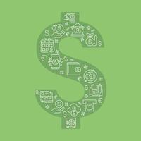 Dollar shaped concept filled with editable linear icons. Personal and business finance. Money withdrawal. Bank account. Simple thin line symbols composition on green background. Vector outline drawing