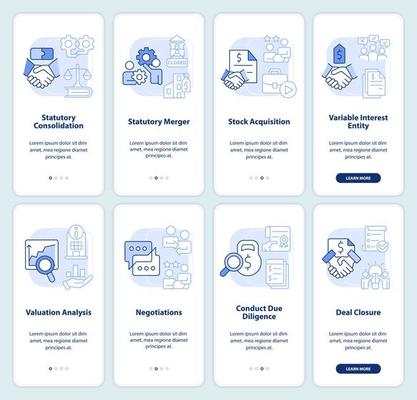 Consolidation strategies light blue onboarding mobile app screen set. Walkthrough 4 steps editable graphic instructions with linear concepts. UI, UX, GUI template