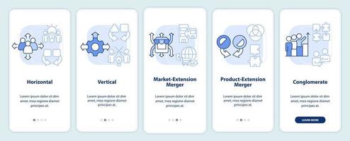 Types of mergers light blue onboarding mobile app screen. Business walkthrough 5 steps editable graphic instructions with linear concepts. UI, UX, GUI template vector