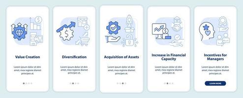 Motives for mergers light blue onboarding mobile app screen. Walkthrough 5 steps editable graphic instructions with linear concepts. UI, UX, GUI template vector