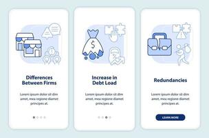 Business consolidation cons light blue onboarding mobile app screen. Walkthrough 3 steps editable graphic instructions with linear concepts. UI, UX, GUI template vector