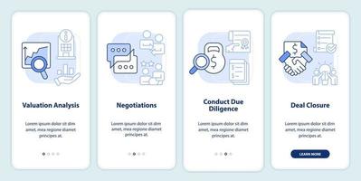 Stages of merger light blue onboarding mobile app screen. Business walkthrough 4 steps editable graphic instructions with linear concepts. UI, UX, GUI template vector