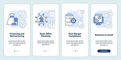 Business merger stages light blue onboarding mobile app screen. Walkthrough 4 steps editable graphic instructions with linear concepts. UI, UX, GUI template vector